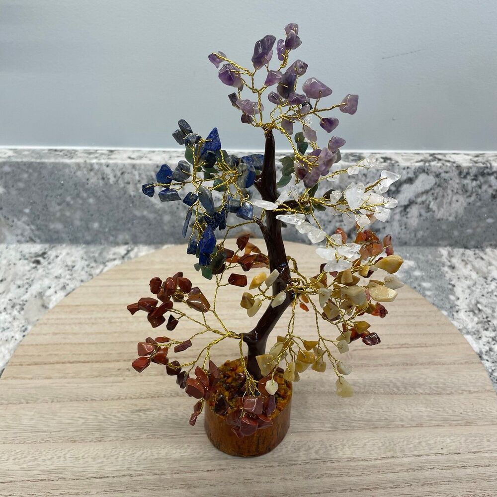 7 Chakra Crystal Tree of Life on Wood Base Zen Vibes w/ Healing Stones